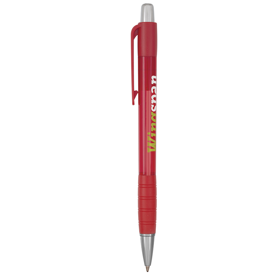 Striped Grip Pen — Popular bolígrafo retráctil con cuerpo de color translúcido, atributos de colores opacos y detalles de color cromado.