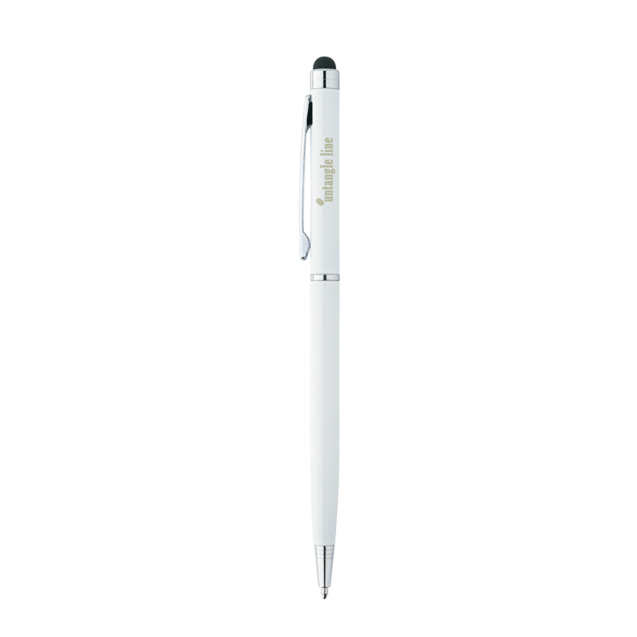 Sleek Stylus Pen — Bolígrafo ligero multifunción con stylus en la parte superior para pantallas táctiles. Cuerpo con acabado esmaltado y atributos cromados. Grabado láser no disponible en color amarillo.