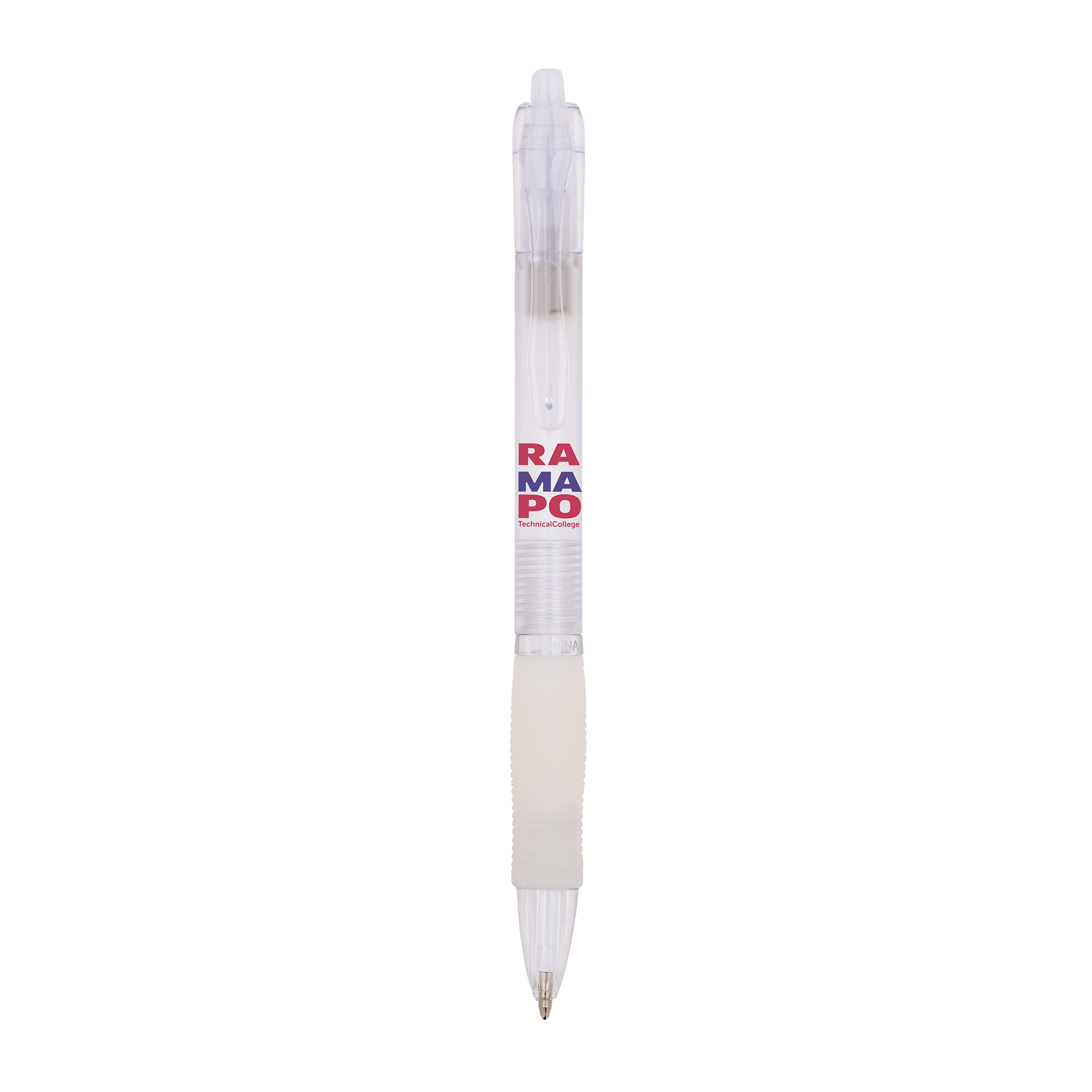 Click Pen — Cuerpo de color translúcido con grip de goma y detalles transparentes.